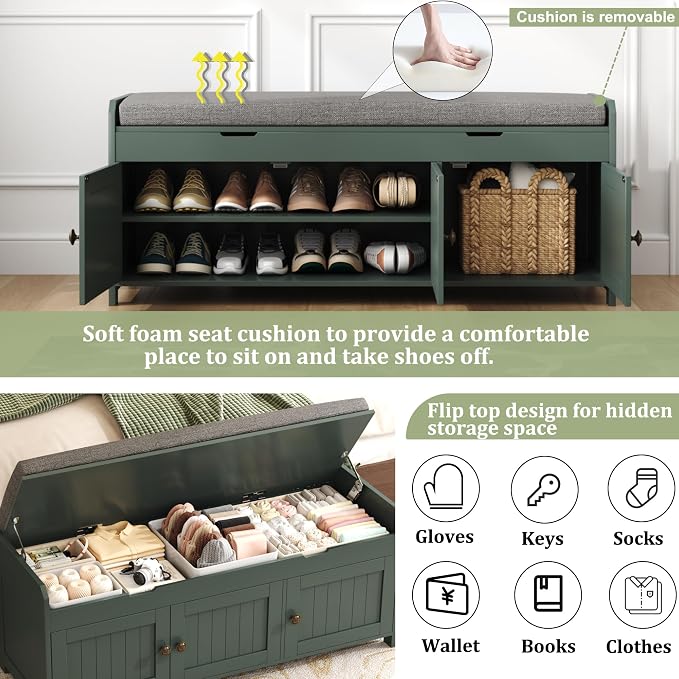 HOMEFORT 41.3" Shoe Bench with Lift Top Storage, Entryway Bench with Cushioned Seat, Wooden End of Bed Bench, Shoe Cabinet Bench with Hidden Storage Space, for Bedroom, Hallway,Green