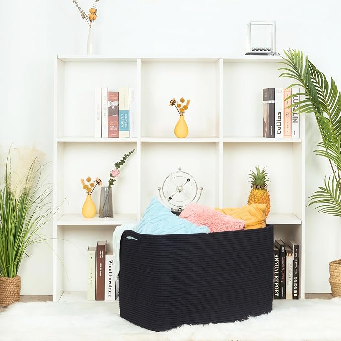 112L Extra Large Blanket Basket Holder Living Room, 25"x17"x16" Rectangle Rope Woven Storage Basket with Handles for Laundry, Pool Towels, Shoes, Dog Toy Organizer Bin Box, Black