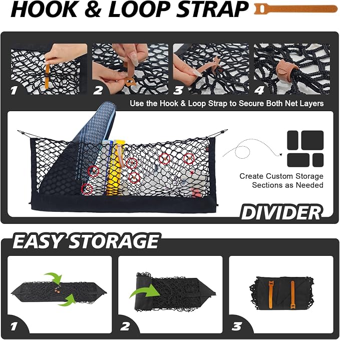 Muslogy Cargo Net for 2020-2024 Subaru Forester Accessories | Custom Fit, Trunk Storage Organizer Net for SUV Sedan Van Divider, with Heavy Duty Carabiners, Night Visible Grab Handle