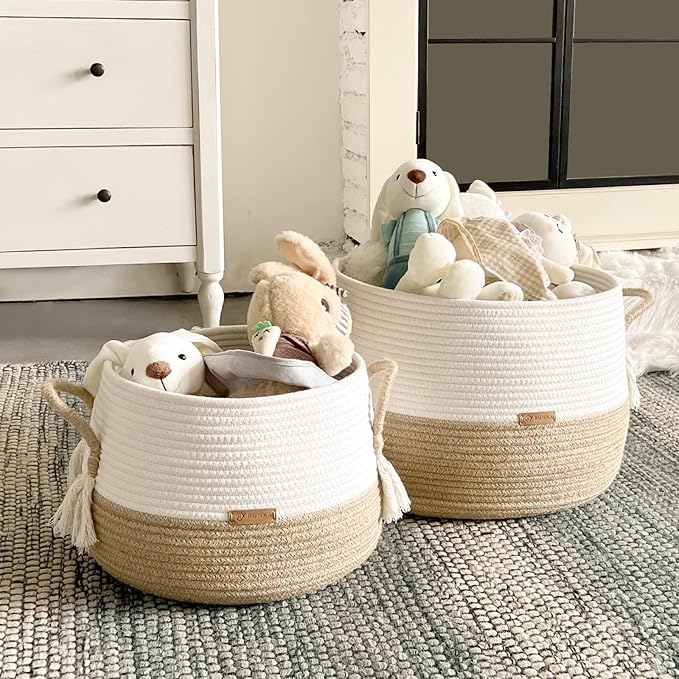 R RUNKA Small Basket for Stuffed Animal,Clothes ,Baby Blankets -11.8"x9.8"- Boho Baskets for Living Room,Bedroom,Nursery |Cotton Rope Baskets, Cube Basket, Under Shelf Basket | Baskets for Home Decor