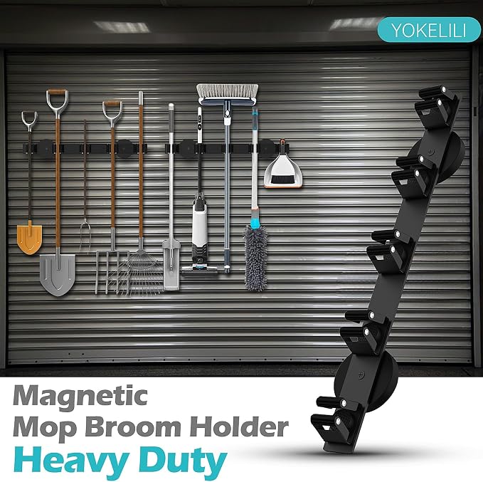Magnetic Mop Broom Holder, Strong Non Slip Magnetic Broom Mop Hanger, Heavy Duty Magnetic Hooks for Hanging Shovel Rake Tools, Wall Mounted Utility Storage Magnet Rack (5 Rack)
