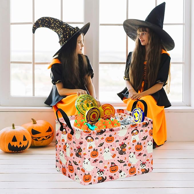 Pink Halloween Storage Basket for Girls, Pumpkin Ghost Bat Spider Design