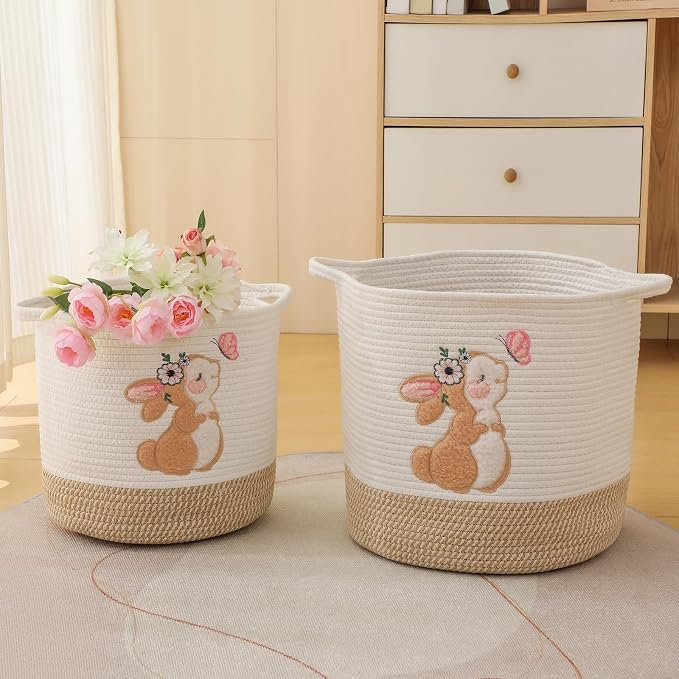 Toy Storage Baskets Woven Cotton Rope Storage Basket for Kids, Blanket Baskets for Living Room Stuffed Animal Storage Toys Organizer with Embroidery Decor, Cute Baskets for Nursery (Bunny)
