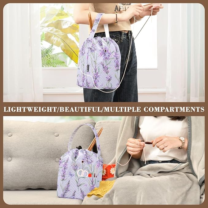 Fustylead Watercolor Vintage Lavender Flowers Knitting Crochet Bag, Portable Large Yarn Storage Drawstring Basket Organizer for Crocheting Hooks, Project, Store Skein Ball, Short Knitting Needle