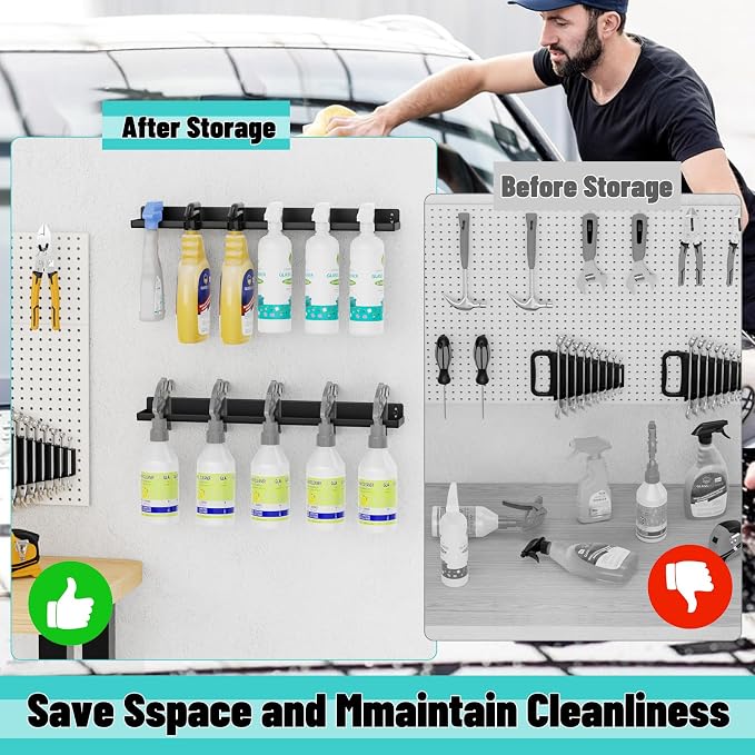 Spray Bottle Holder Wall Mount,14 Inch Metal Universal Lightweight Organizer Holds 6 Spray Bottle Organizer for Garage Storage Car Wash Auto Detailing Tools Organizer