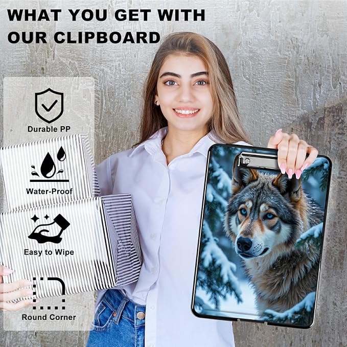 Heavy Duty Storage Clipboard, Slim Nursing Clipboard with Internal Pen Case, Portable File Organizer Case for A4 Letter Size Paper Office Medical Professionals, Snow Forest Wolf