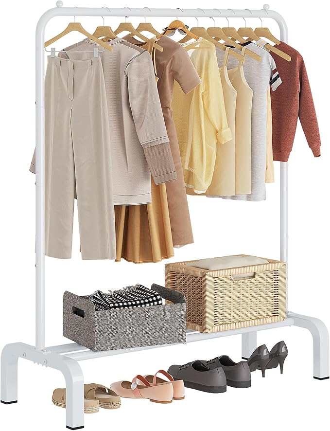 Garment Rack Clothing Clothes Rack for Clothes Organizing White | Standard Metal 34 Inches Garment Rack with Bottom Shelf for Hanging Clothes Coats Jackets Shirts Sweaters Jeans White