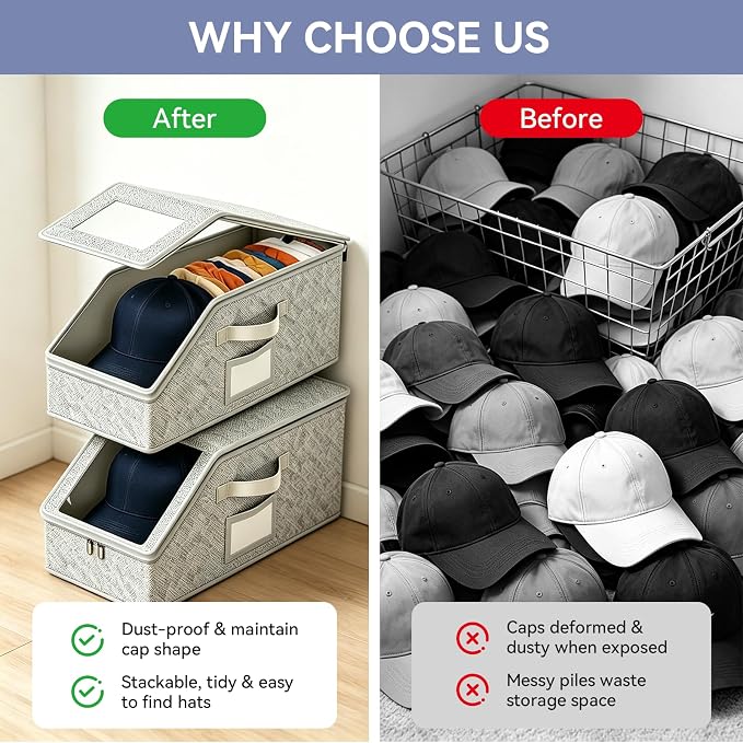 Stackable Hat Storage for Baseball Caps, 2 PCS, Grey | Holds up to 24 Caps, Hat Organizer for Closet, Sturdy Snapback Boxes for Men, With Cardboard