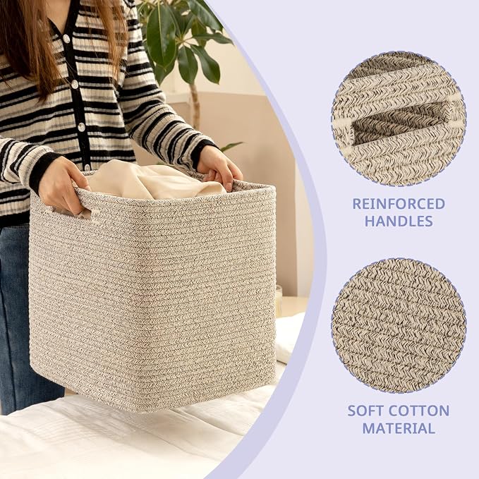 OIAHOMY 2 PACK Cube Storage Bin 13 Inch Collapsible Storage Cube Brown | Cube Storage Organizer Storage Bins for Shelves Baskets for Organizing Woven Rope Storage Baskets