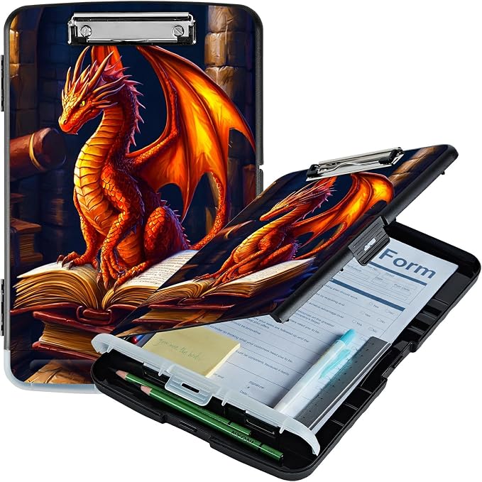 Book Dragon A4 Clipboard with Storage Pen Holder, Clipboards Organizer Nursing Clipboard Foldable File Folder Plastic Clipboard Folio Clip Board for Office Students Classroom Doctor