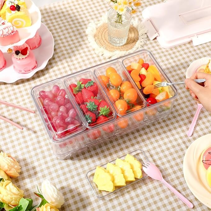 Chilled Condiment Caddy with Handle 4 Containers Taco Bar Serving set for a Party 1 Tong, 1 Ice Scraper, 4 Metal Forks, 20 Spoons for Mimosa Bar Supplies Accessories(Pink)