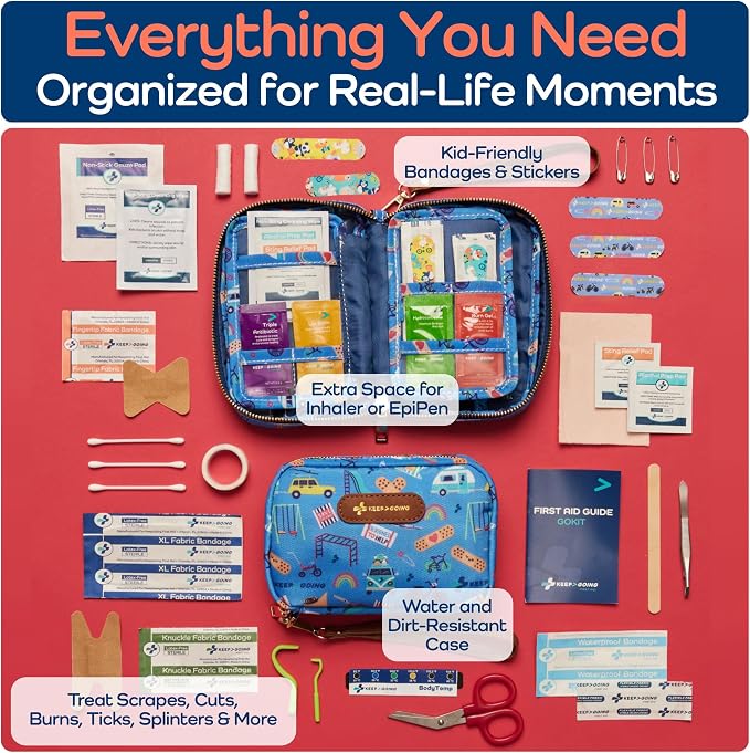 KeepGoing Travel First Aid Kit for Kids, 130 Pc. TSA-Approved Travel Size | Toddler First Aid Kit, Mini First Aid Kit for Car, Home, Purse, Diaper Bag & Backpack, Latex-Free Bandages