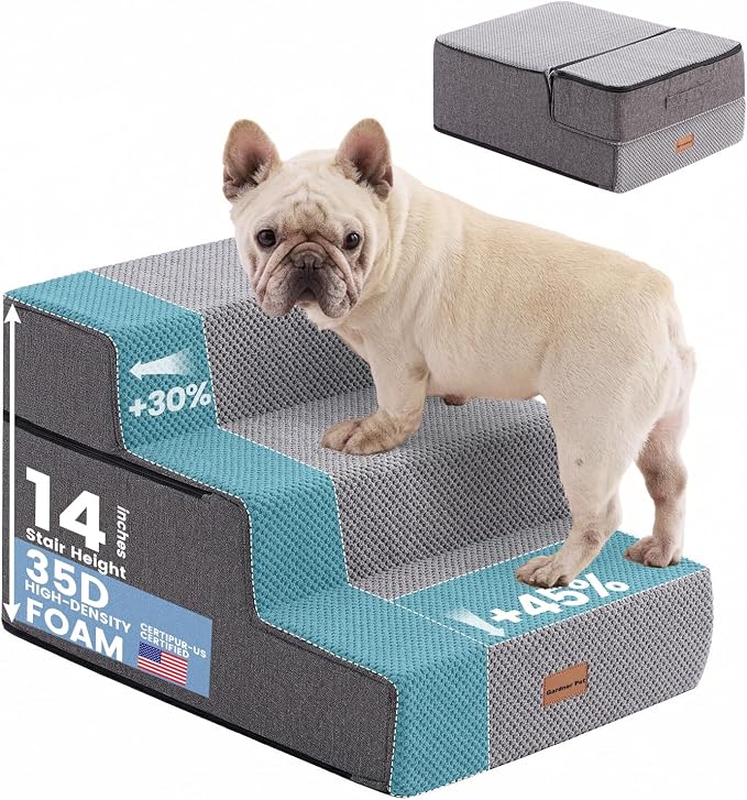 Gardner Pet Dog Stairs for Small Dogs 14" H, 3-Step Extra Wide Dog Steps for Bed, Pet Stairs for Bed and Couch with Durable Non-Slip Waterproof Fabric Cover and Soft Foam, Grey