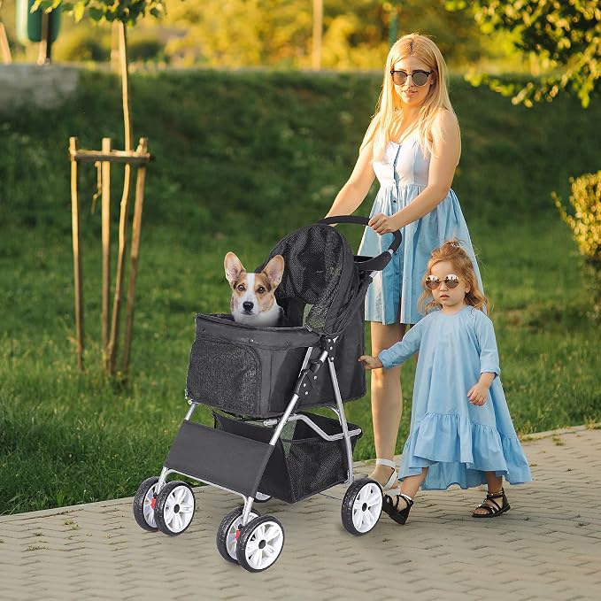 LEMY 4 Wheels Pet Dog Cat Stroller for Small Medium Dogs Cats,Black Foldable Jogger Travel Puppy with Detachable Carrier
