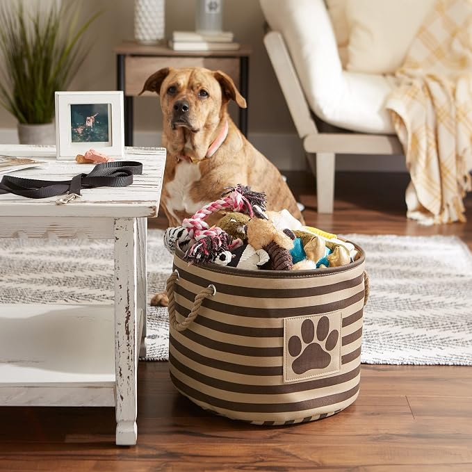 Bone Dry Pet Storage Collection Striped Paw Patch Bin, Medium Round, Brown