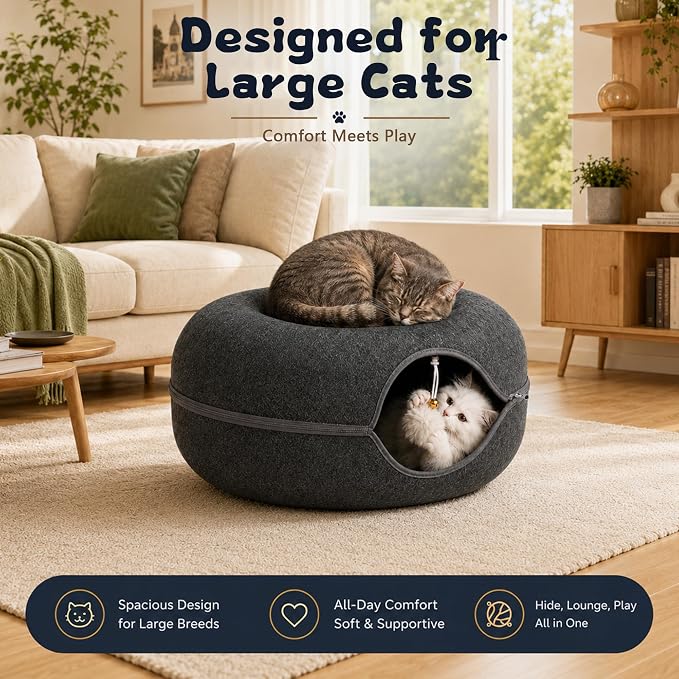 Felt Cat Tunnel for Large Indoor Cats, 24" x 24" x 12" Peekaboo Cave Bed | Dark Grey 24" x 24" x 12" sturdy 1300g felt cave with 7" entrance, rear peek hole, large zipper and hanging ball.