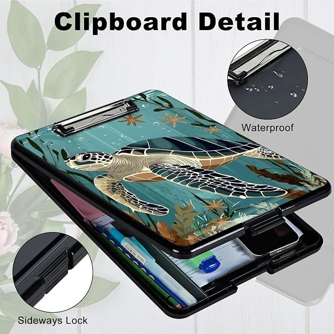 Heavy Duty Storage Clipboard, Slim Nursing Clipboard with Internal Pen Case, Portable File Organizer Case for A4 Letter Size Paper Office Medical Professionals, Retro Turtle Ocean