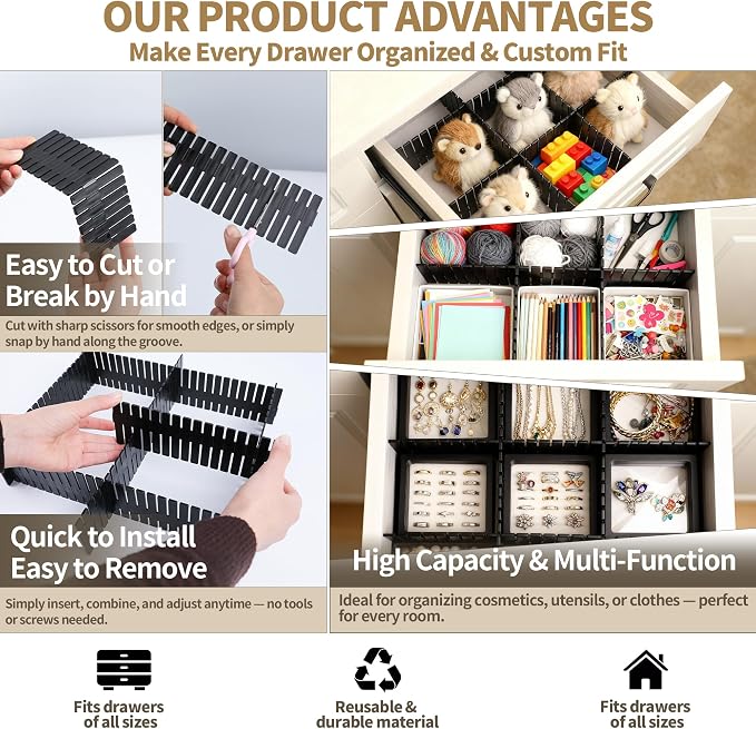 Adjustable Drawer Dividers, Cut-to-Fit DIY Organizers, Black 32 Pack | For Tidying Cutlery, Makeup, Clothes and Dresses in Drawers, Desks and Storage Boxes for Kitchen, Bathroom, Bedroom & Office