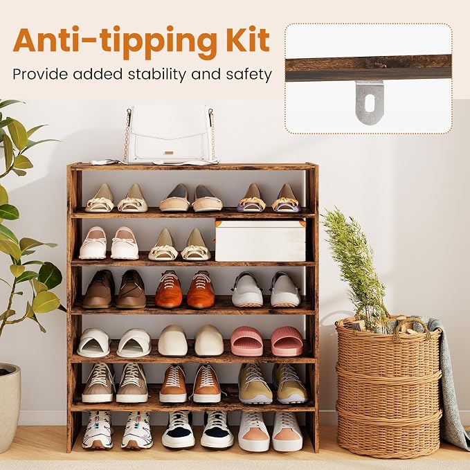 COSTWAY 6-Tier Shoe Rack, Extra Wide Shoe Shelf Organizer | Stackable Design, 31" Freestanding Adjustable Storage Shoe Stand for Small Space Entryway Hallway Closet (2,Rustic Brown)