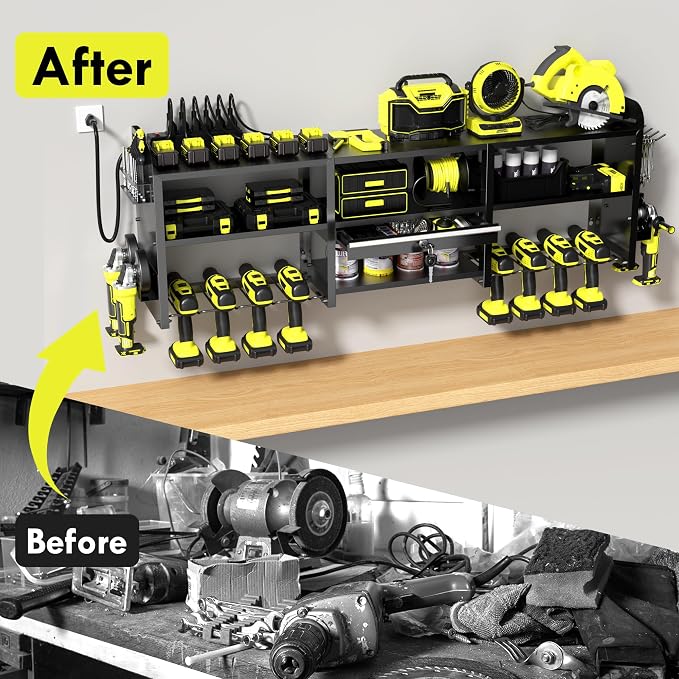KSVO Large Power Tool Organizer Wall Mount with Locking Drawers, Black | Grinder Holder, Hammer & Pliers Rack, 6-Outlet Charging Shelf, Heavy-Duty Metal Storage for Garage & Workshop
