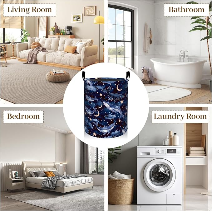 Dreamy Whale Laundry Basket, Moon Star Night Sky Foldable Oxford Cloth, Waterproof Dirty Clothes Hamper with Handles, Clothing Storage Bin Toy Organizer for Bedroom Dorm Bathroom, 19.7"x15.7"