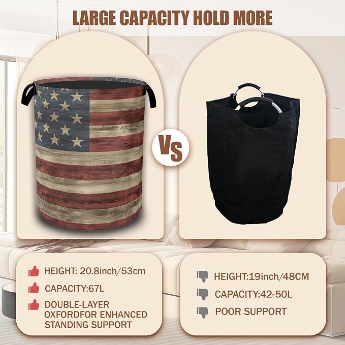 American Flag Grunge Laundry Basket,Waterproof Foldable Laundry Hamper,Dirty Clothes Basket, Linen Bin Storage Organizer Collection 16" x 20.8"