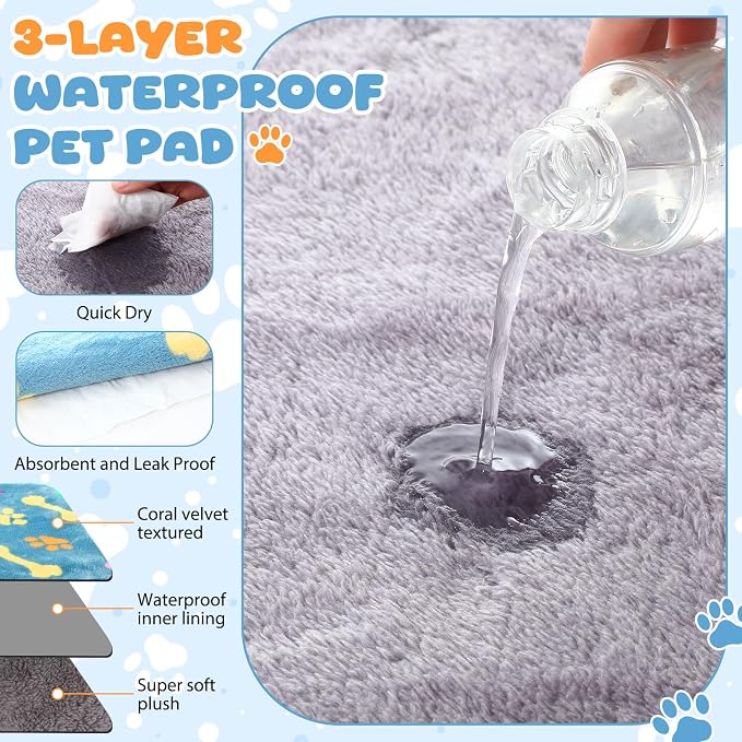 Tegeme 6 Pcs Waterproof Dog Blanket 24 x 16 Inch Paw Print Pet Blanket for Dogs Cats Puppy Washable Soft Fluffy Fleece Rug Flannel Throw Warm Sleep Mat for Kitten Doggy