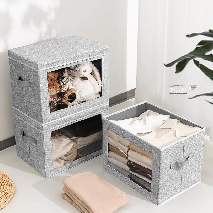 Storage Bins with Lids, 3 Pack Large Storage Cubes with Window, Closet Bins with Lids & Handles, Fabric Box for Organizing Clothes, Towels, Books, Blended