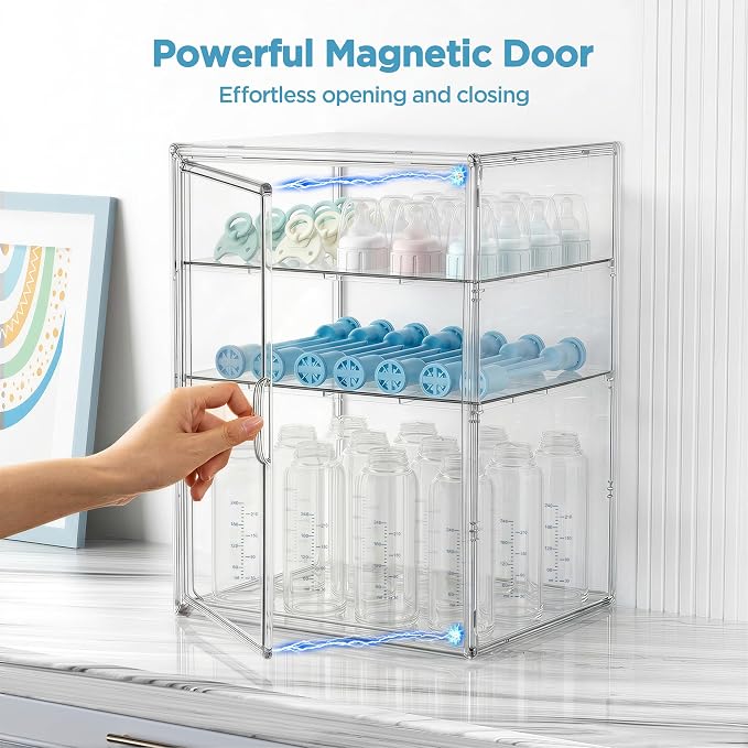 HBlife Baby Bottle Storage Organizer for Countertop Cabinet, 3 Tiers Adjustable Clear Acrylic Bottles Storage Station Case Box Container with 2 Removable Dividers and Magnetic Door, X-Large