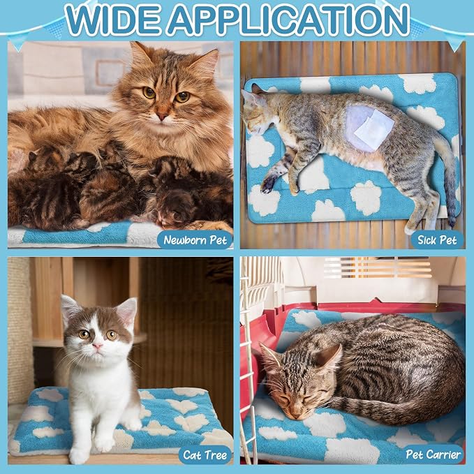 2 Pack Self Warming Cat Mat Self Heating Pad Bed Reversible Machine Washable Reflects Body Heat Warm Thermal Pet Pad Crate Blanket for Feral and Indoor Cat (Blue, White,21" X 14",Clouds)