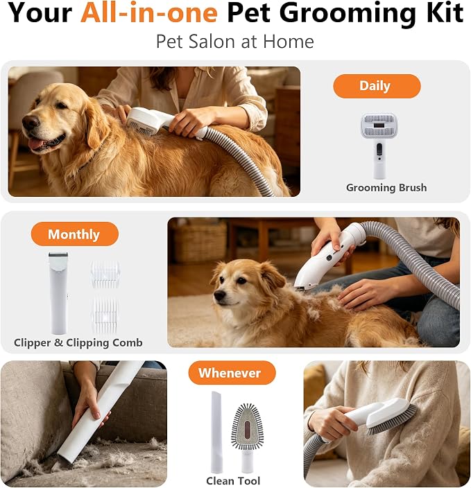 ZYK Dog Grooming Vacuum, All-in-One Professional Pet Grooming Kit (White) | Hair Clipper & Shedding Brush, Low Noise 13,000Pa Dog & Cat Hair Remover Vacuum,Cleaning Brushes, 1.8L Capacity Dust Cup