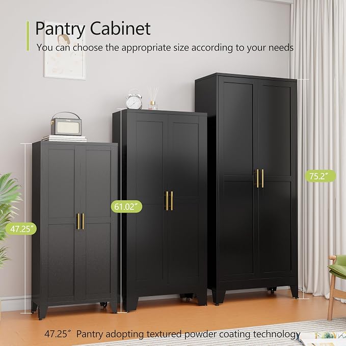 GAIOUS Metal Storage Cabinet, Black Pantry Storage Cabinets with 2 Door | and 3 Adjustable Shelves, Kitchen Food Storage Cabinet, Metal Utility Cabinet for Kitchen Laundry Room, Cupboard