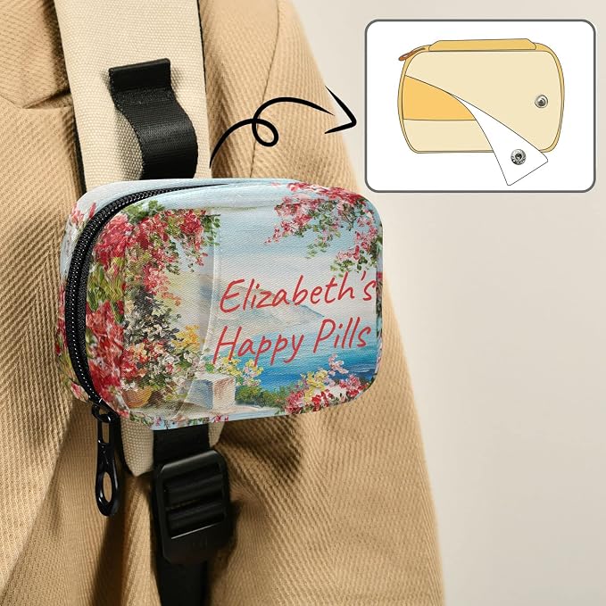 Custom Pill Box 7 Day Pill Case Bag Oil Painting Sea Flowers Personalized Name Travel Pill Organizer Bag with Zipper Portable Weekly Case Compact Size for Vitamin Supplement Holder