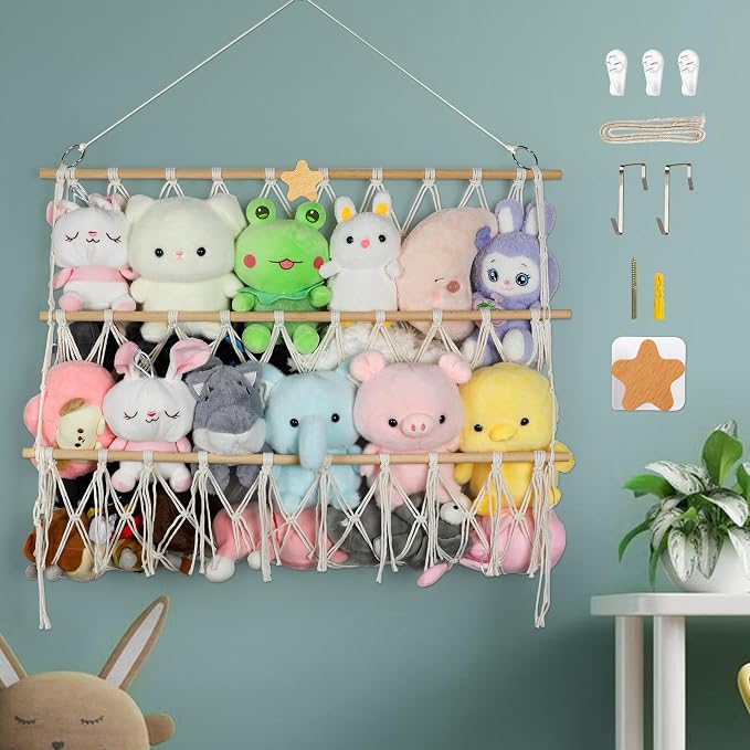 Starry Stuffed Animal Net Hammock Wall Hanging Handmade Boho Macrame Toy Hammock Organizer Holder Display Hanging Plush Toy Net for Corner Wall Stuffed Animal Storage(29.9" H x 31.5" W)