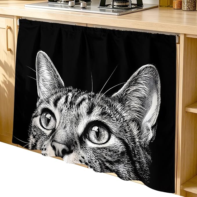 Cute Cat Cabinet Curtain 35"Wx35"L, Dustproof Under Sink Skirt with Self Adhesive Tape, Vintage Funny Pet Cat Portrait Black Cabinet Curtain Cover for Kitchen Sink, Bathroom Vanity, Laundry Room