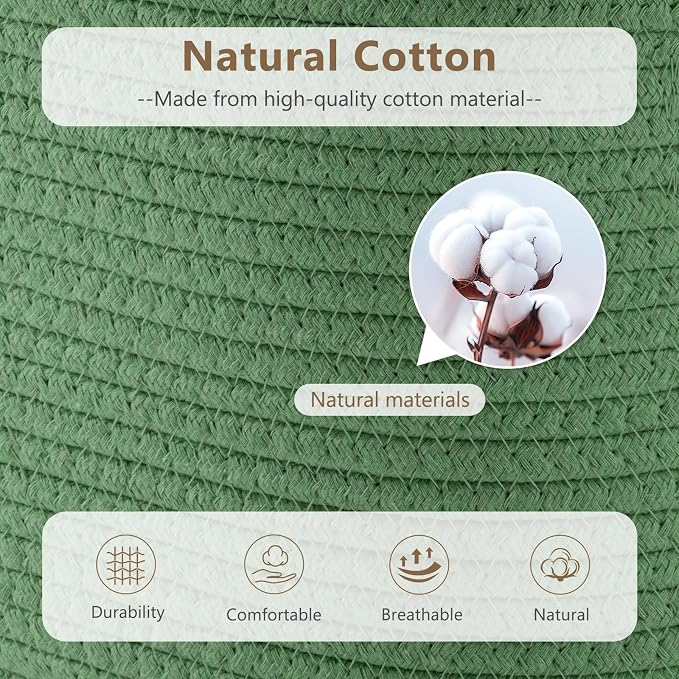 ECDYQXVU 15x10x9 Woven Cotton Rope Storage Basket, Leather Handles 3 Pack | Foldable Design, Sturdy PU Handles, Easy to Clean Organizer for Living Room, Closet, Shelves, Bedroom, Laundry, Clothes