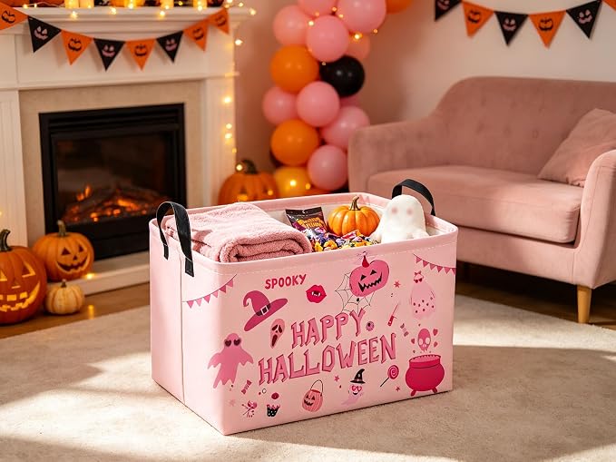 Sanjiaofeng Rectangular Pink Halloween Ghost Storage Basket,Waterproof Foldable Storage Baskets,Trick or Treat Halloween Basket,Halloweens‌ Party Candy Gift Baskets(Pink Ghost)
