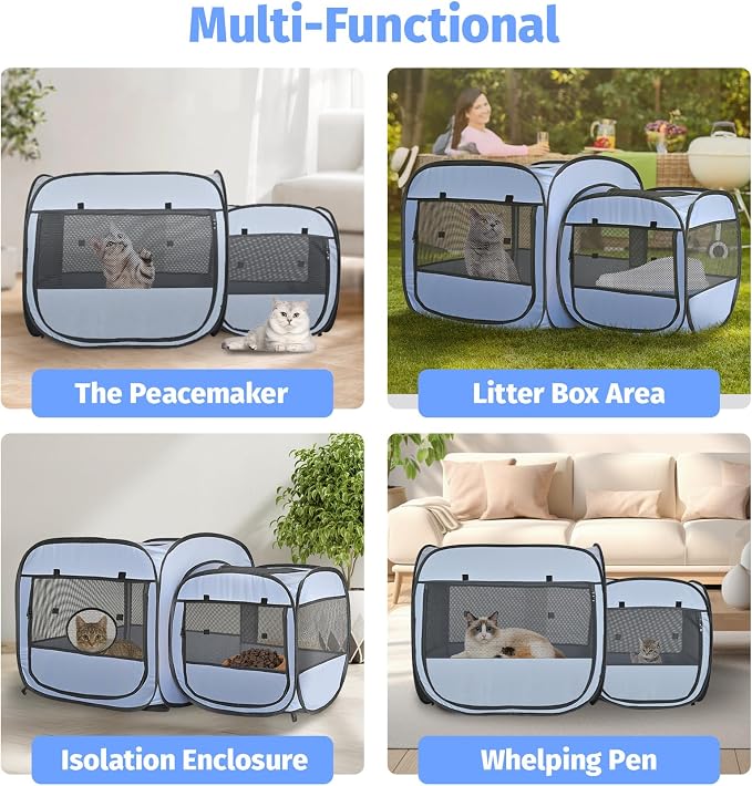 2-in-1 Portable Cat Playpen(Front Doors), Pop up Kitten Playpen, Assembly-Free, Pet Tent Crates Kennel Cage Enclosure for Dog Puppy Indoor Outdoor(No Divider, Unified Space)