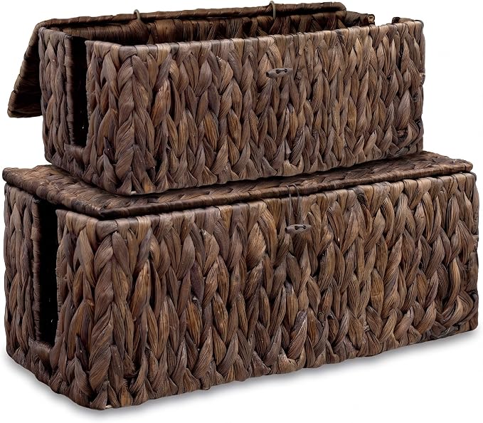 efluky 2 Pack Water Hyacinth Floor Cord Covers with Lid, Hand-Woven Cable Management Box, 2 Open Slots Cord Box to to Hide USB Wire, Power Strip & Charger for Home & Office and Dorm, Brown