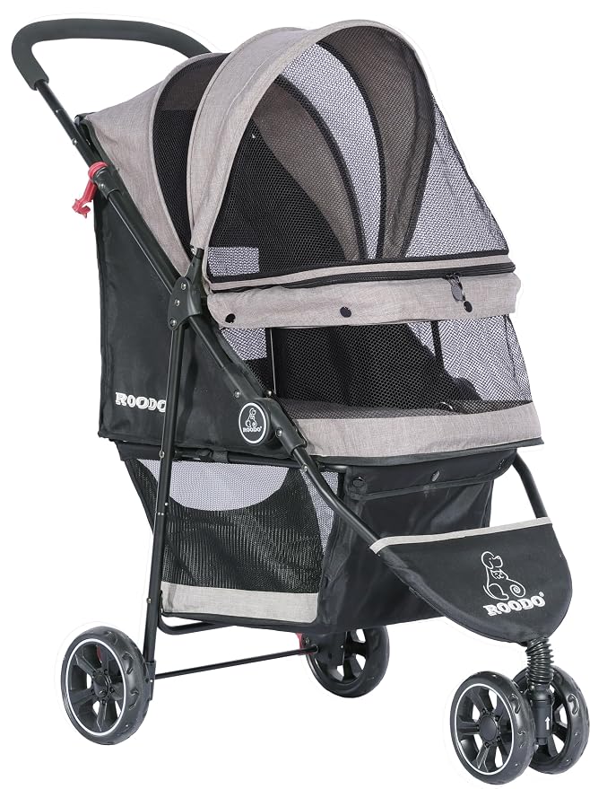 ROODO 3 Wheel Dog Pet Cat Stroller Best Lightweight Foldable Compact Portable Jogger All Terrain Travel Pet Gear Puppy Kitty Stroller for up to 30lbs Medium Small Dogs and Cats(Light Khaki)