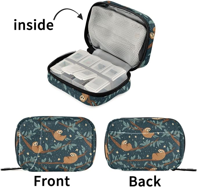 Fustylead Cute Brown Sloths on Branch and Stars Travel Pill Organizer Case Zipper for Purse with Removable Weekly Pill Box for Medicine, Vitamin, Supplement Medicine Organizer