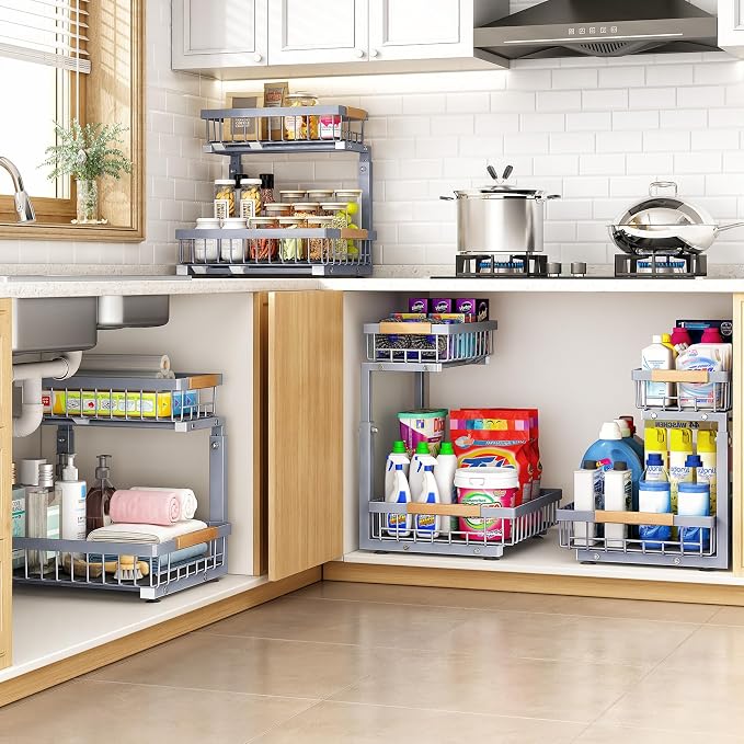 PXRACK Under Sink Organizer, Adjustable Height, 2 Tier Pull Out Under Cabinet Organizer, Slide Out Thickened Metal Under Sink Storage for Kitchen Bathroom Laundry Pantry Cabinet, Grey, Large-2-Pack