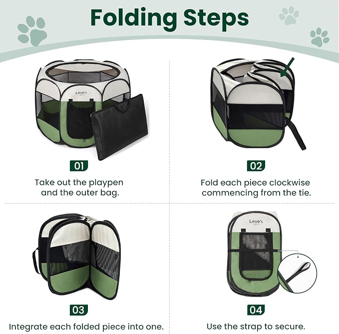 Love's cabin Pet Puppy Dog Playpen, Small Dog Tent Crates Cage Indoor/Outdoor, Portable Playpen for Cat, Foldable Pop Up Dog Kennel Playpen with Carring Case, Removable Zipper Top, Olive Green