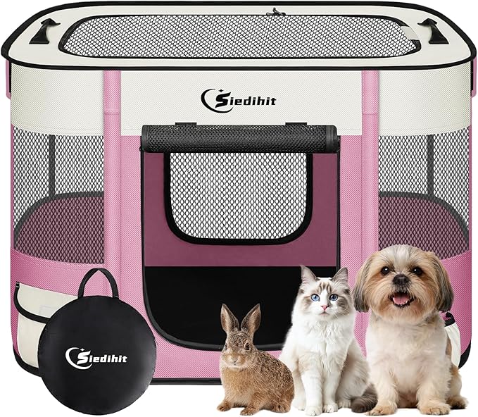 Siedihit 28" Dog Playpen,Cat Puppy Pen, Pet Portable Crate Indoor Outdoor | Durable Travel Camping Use,Foldable Dog Kennel Tent Cage for Rabbit Small Animals with Carrying Case(Pink, Small)