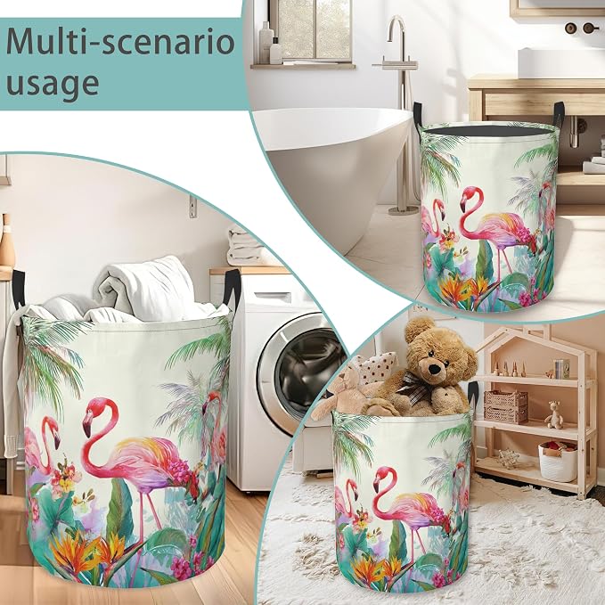 Laundry Basket With Handle, Dirty Clothes Laundry Hamper, Oxford Cloth Bin Storage Organizer for Toy Collection (Palm Tree Flamingo)
