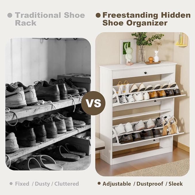 FTZxHKLX Shoe Cabinet, Hidden Shoe Storage Cabinet with 2 Flip Drawers | Wooden Shoe Rack with Adjustable Shelf, Modern Freestanding Shoe Rack Organizer for Entryway, Hallway, Living Room, White