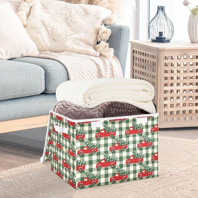 Christmas Red Truck Storage Bins with Lids Closet Bedroom 40L Fabric Bin | Decorative Storage Boxes, Foldable & Stackable, Dust-Proof Flip Top, Reinforced Handles, For Home & Dorm, Clothes & Toy Box