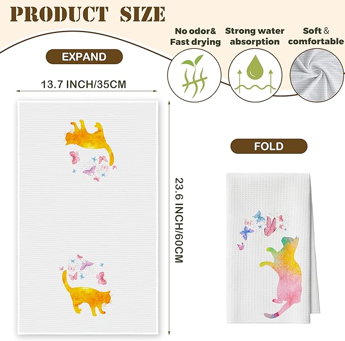 Kitchen Towels Set Of 2, Colorful Cat Dish Towel For Kitchen, Decorative Hand Towels For Bathroom, Fast Drying Tea Towel With Aesthetic Butterfly, Housewarming Gifts For Cat Lover Women Mom -B07