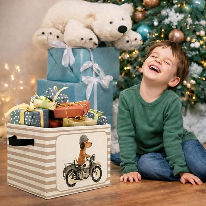 Motorcycle Dog Storage Bin, Beige Stripe Foldable Fabric Basket | Cute dog rider collapsible fabric organizer for nursery, bedroom, playroom, toys, books, and clothes