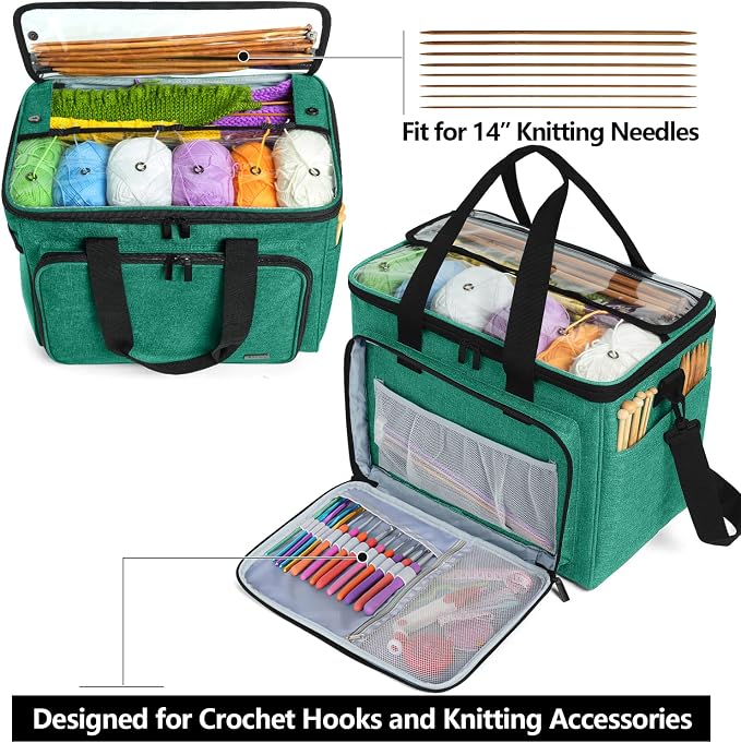 Teamoy Knitting Bag, Yarn Storage Organizer Crochet Bag Tote, Green | Yarn Holder with Inner Divider(Sewn to Bottom) for Crochet Hook, Knitting Needles(Up to 14"), Project and Crocheting Supplies